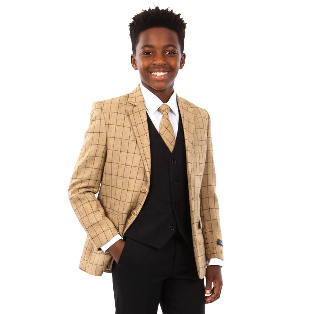 Tazzio 5-Piece Boys Slim Fit Windowpane Suit, Tan & Black